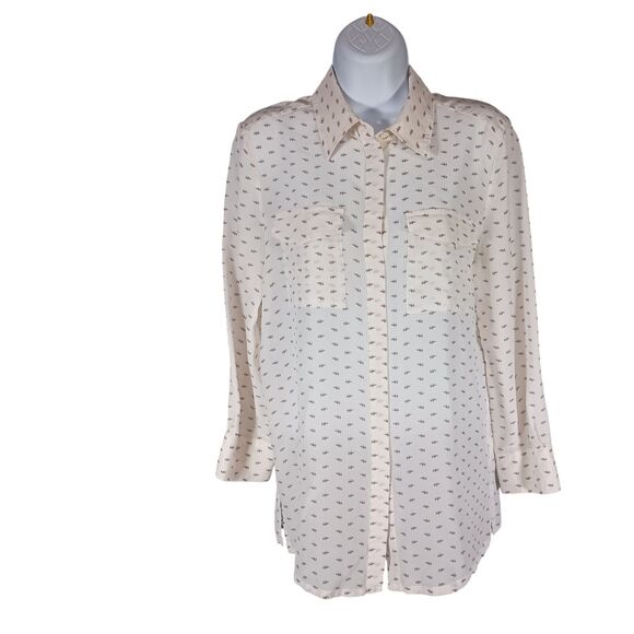 Escada Silk Blouse Womens Large Button Up Shirt Top Ivory Elephant Long Sleeve - Picture 1 of 4